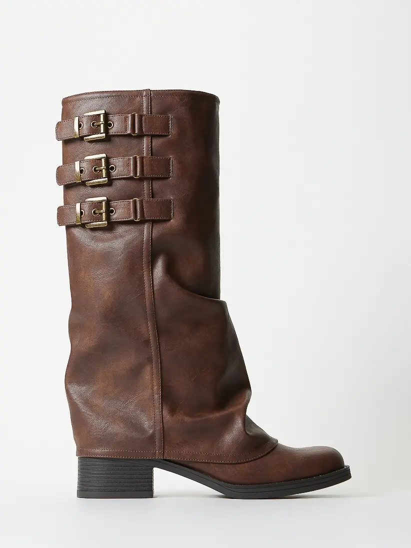 JUST FAB Women's Vintage Moto Slouch Mid Calf Boots, Triple Buckle Block Heel Western Boots, Faux Leather Riding Boots for Fall Winter Casual Streetwear