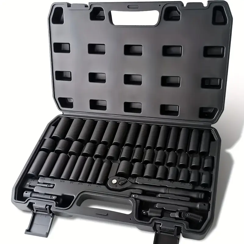 ratchet TikShop 50 Piece CR-MO Impact Socket Set 3/8" Drive SAE Metric 6 Point with Ratchet Handle Adapter Storage Case for Boat DIY Auto Repair shopblackfriday christmasgiftideas giftsforhim tool set