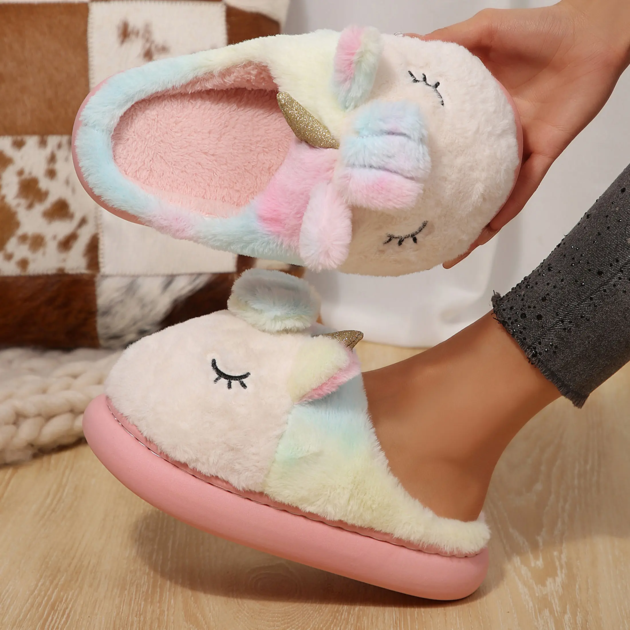 Women's Unicorn Slippers Cute Animal Cartoon Shoes Winter Warm Slippers Indoor Outdoor