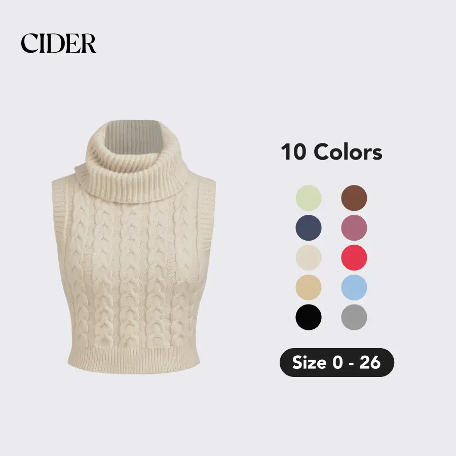 Cider Women's High Neck Fitted Cable Knit Crop Length Sleeveless Sweater Vest, Heavyweight High Stretch Solid Casual Basic Tops, Acrylic-Polyamide Minimalist Fashion Piece