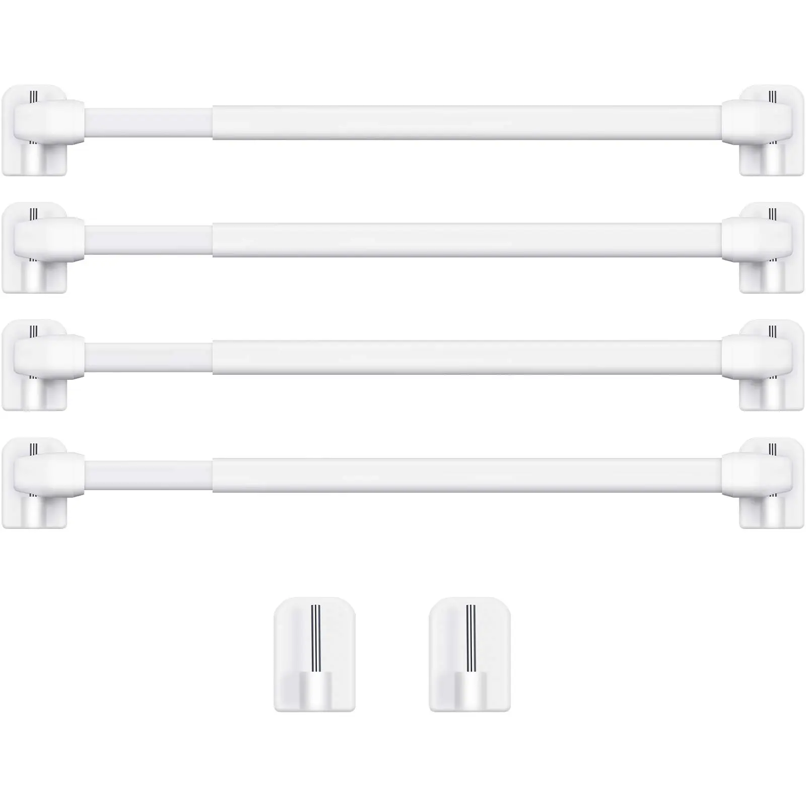 4 Pieces Extendable Curtain Rod Cupboard Bars Tensions Adjustable Plastic With 10 Self Adhesive Hooks For Home Bathroom Hotel Supply(15.7 To 27.5 Inch White)