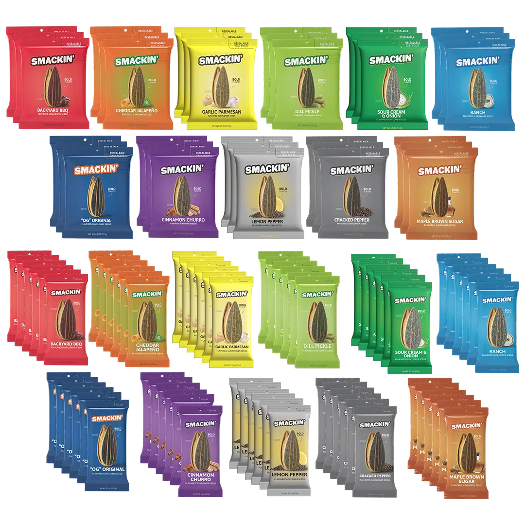 SMACKIN' Sunflower Seeds Season Supply, 99 Bags - 33 (4 oz) - 66 (1.5 oz) - 11 flavors