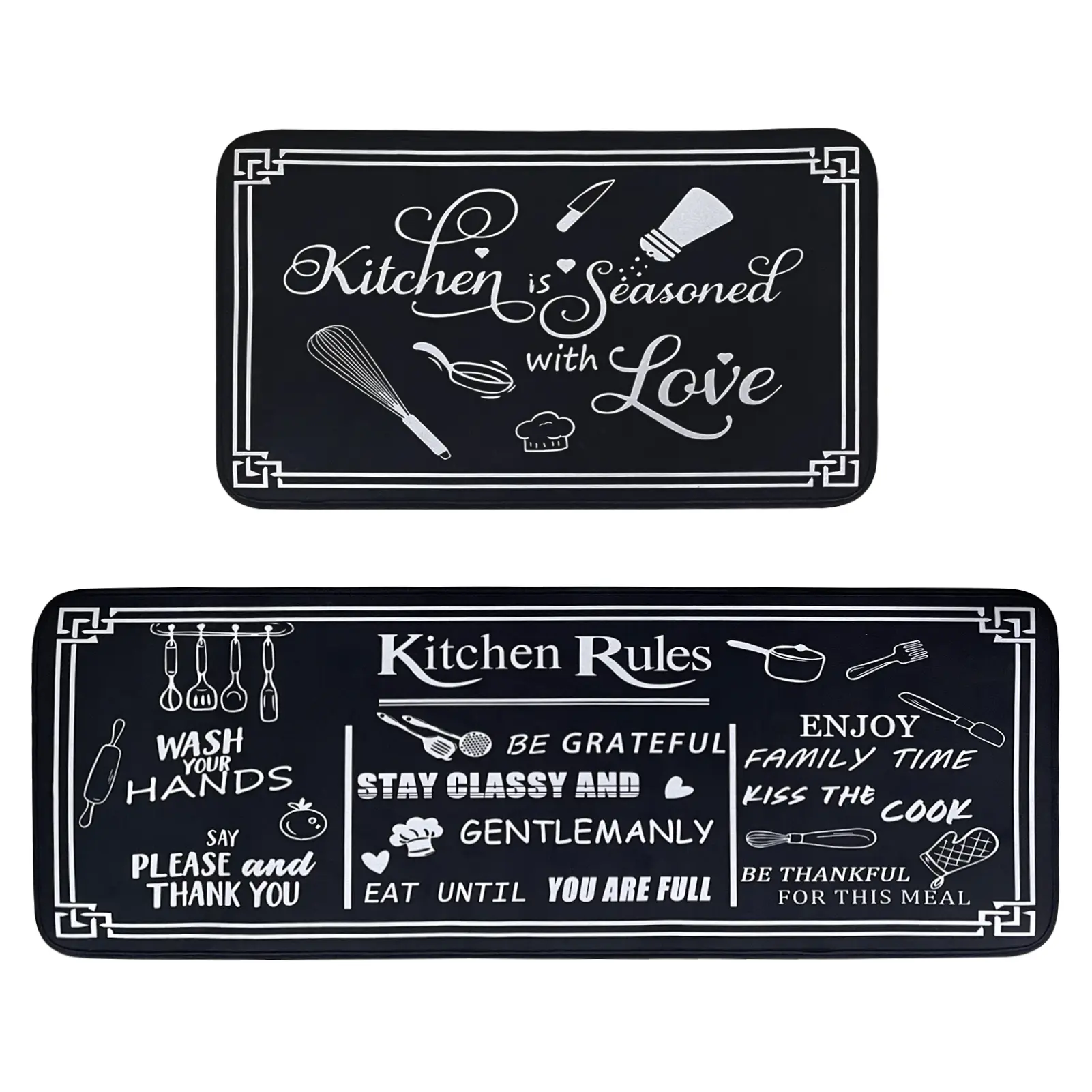 Kitchen Rugs,Non Skid Washable Microfiber mats for Kitchen Floor, Multiple Colour Kitchen Rules Theme Kitchen Cushioned Runner Rug Decor Sets of 2,Size 17"x 47"+17"x 30"
