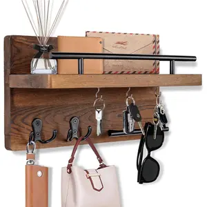 Wall Mounted Key Holder/Hangers for Wall Decorative with 5 Key Hooks, Wooden Mail Rack Organizer with Shelf, Rustic Home Decor for Entryway