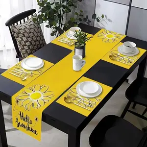 5/7-piece table flag+placemat combination Set, Decorative summer sunflower pattern design, Home Decor, suitable for kitchen, dining room, living room and indoor/outdoor wedding decoration