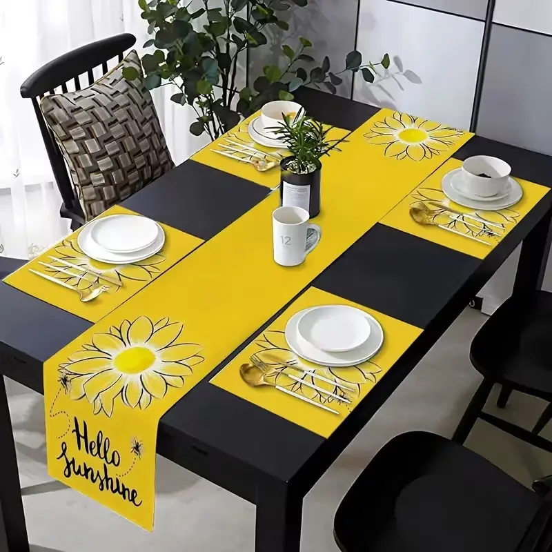 5/7-piece table flag+placemat+table runner combination Set, Decorative Vibrant Patterns summer sunflower pattern design, Home Decor, suitable for kitchen, dining room, living room and indoor/outdoor wedding decoration