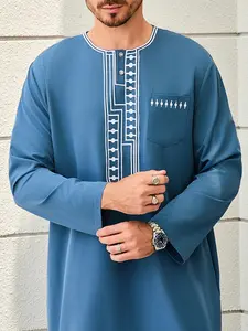 Men's Traditional Middle Eastern Robe, Ethnic Style Geometric Embroidery, Blue Round Neck Long Sleeve with Pockets, Ramadan Festival Muslim Clothing, Traditional Arabic Robe