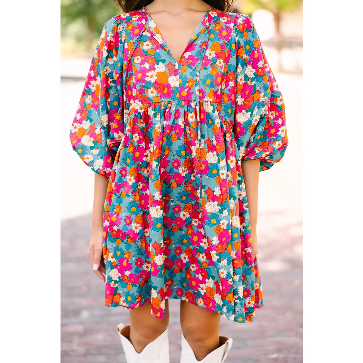 Sky Blue Floral Print Tie Split Neck Bubble Sleeve Babydoll Dress