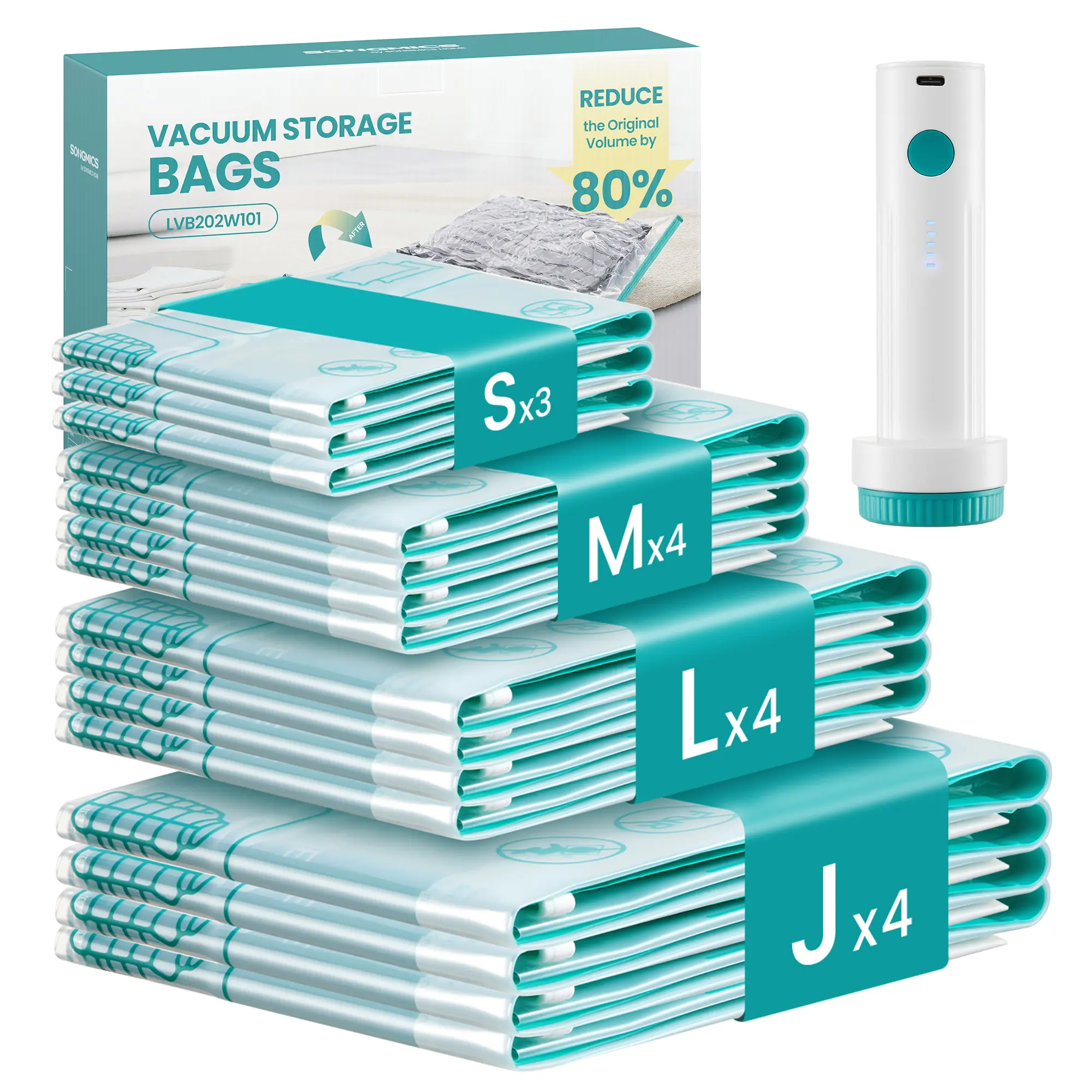 SONGMICS Vacuum Storage Bags, Rechargeable Portable Electric Pump, Space Saver Vacuum Seal Suction Bags for Clothing Travel Bedding Comforters, Reusable, Transparent, Airtight 15S Seal, Compact Pump Fits Travel Bags