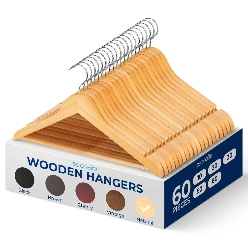 60 Pack Wooden Hangers - Natural Finish | Heavy-Duty Wood Coat Hanger with Pant Bar - Space-Saving Closet Organization Hangers for Coats, Jackets & Dresses - Household Essentials