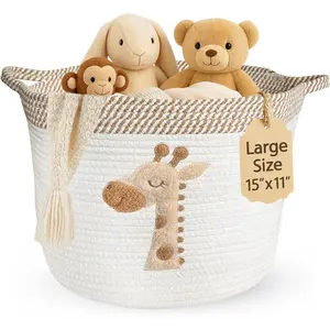 SUNDAY MIRTH Giraffe Storage Basket for Nursery – Large 15"x11" Cotton Rope Bin with Soft Felt Animal Patch – Toy Organizer, Baby Laundry Hamper, Diaper & Towel Holder – Foldable, Washable & Baby-Safe