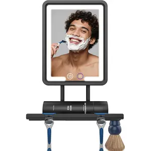 Heated Shower Mirror Fogless for Shaving, 360 Adjustable Lighted Shower Mirror with 3 Color Modes, Rechargeable Anti Fog Shower Shaving Mirror with Large Storage Tray & Razor Holder, Black
