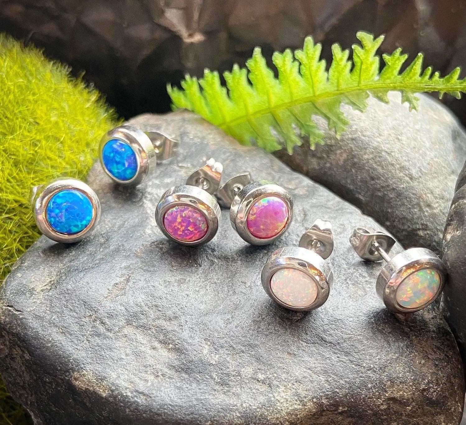 PAIR Large 6mm Opal in 9mm Bezel Setting 316L Stainless Steel Earrings