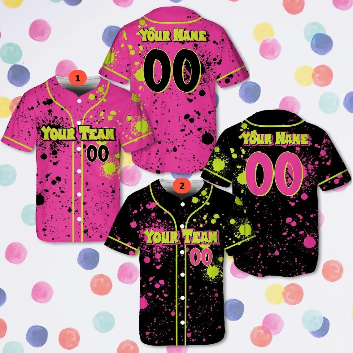 Personalized Team Name-Number Baseball Jersey, Custom Neon-Pink Black Paint Splatter Sport Uniform for Adults & Youth, Professional Men's Baseball Top