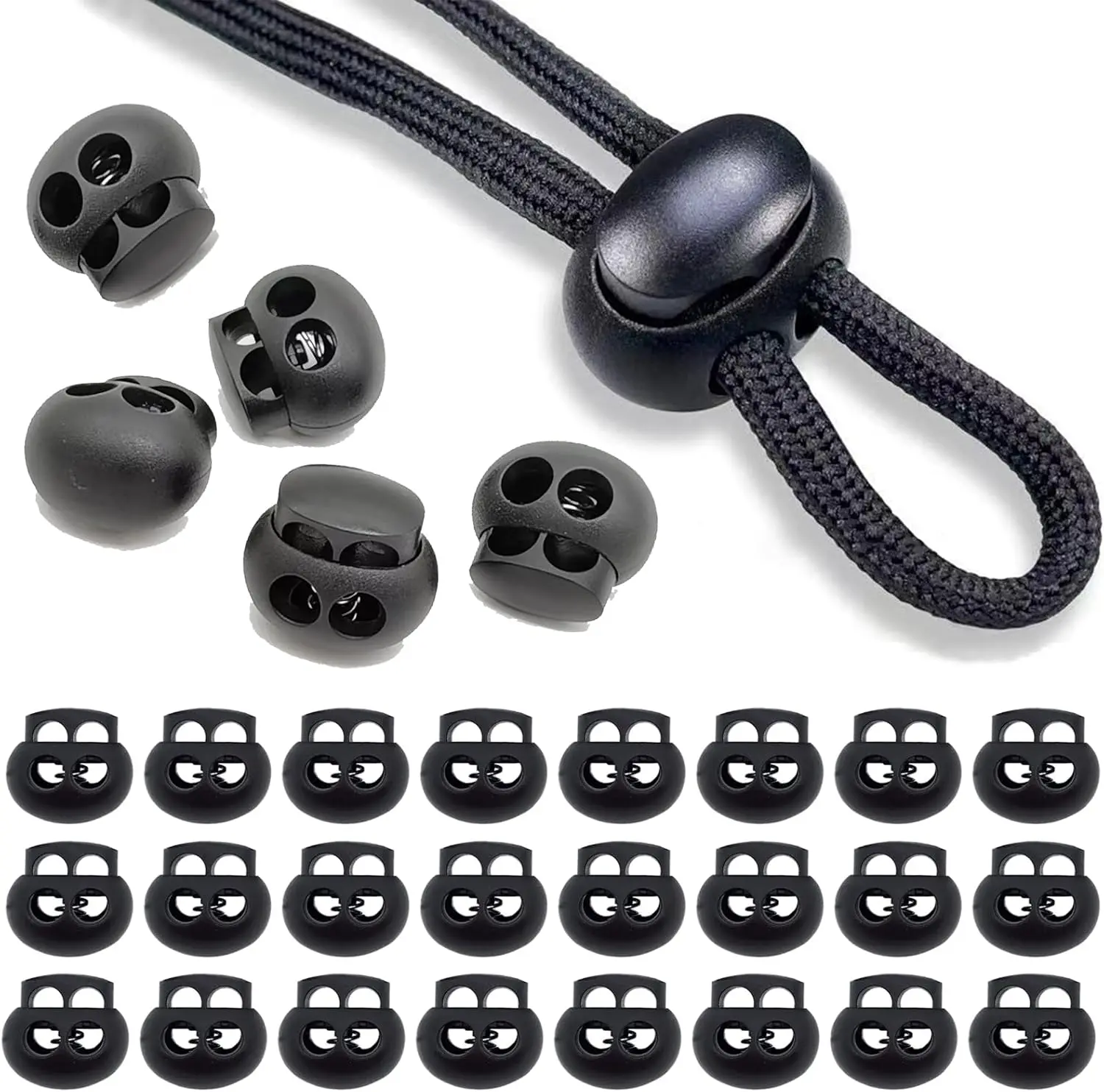 30 Pack Plastic Cord Locks, 6mm Double Hole Spring Toggles, Adjustable Length Lock for Backpacks, Tents & Gear - Salt Water Resistant, Gym, Clothing, Easy To Install, Outdoor