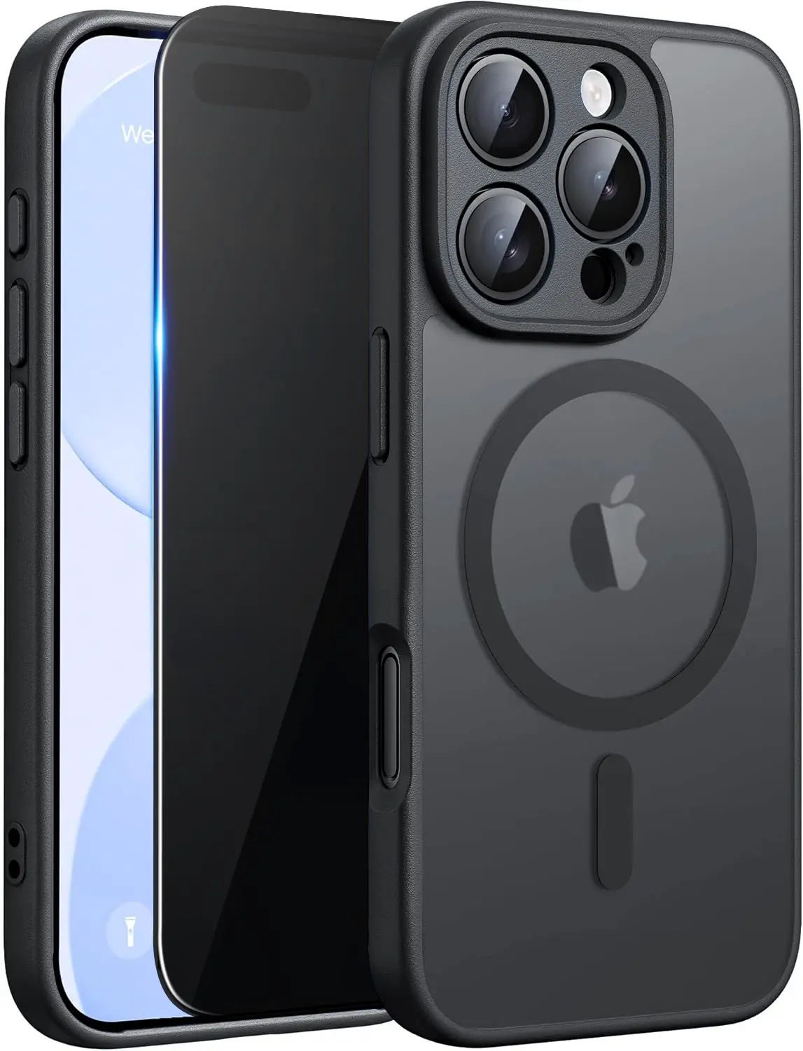 Magnetic for iphone 16 pro max Case Matte, with Privacy Tempered Screen Protector, 16 pro max Phone Case Compatible with MagSafe Frosted Translucent Shockproof Anti-Scratch Slim Fit Case Military Grade Protection (Black)