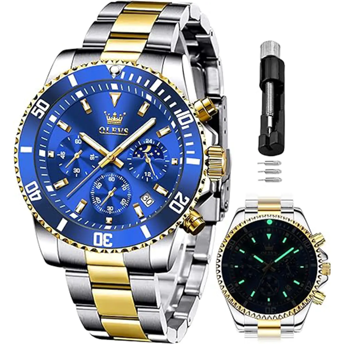 OLEVS Mens Cool Watches Chronograph Luxury Dress Big Dial Stainless Steel Waterproof Analog Quartz Moon Phase Classic Business Luminous Round Watch for Men Casual Trendy Wristwatch