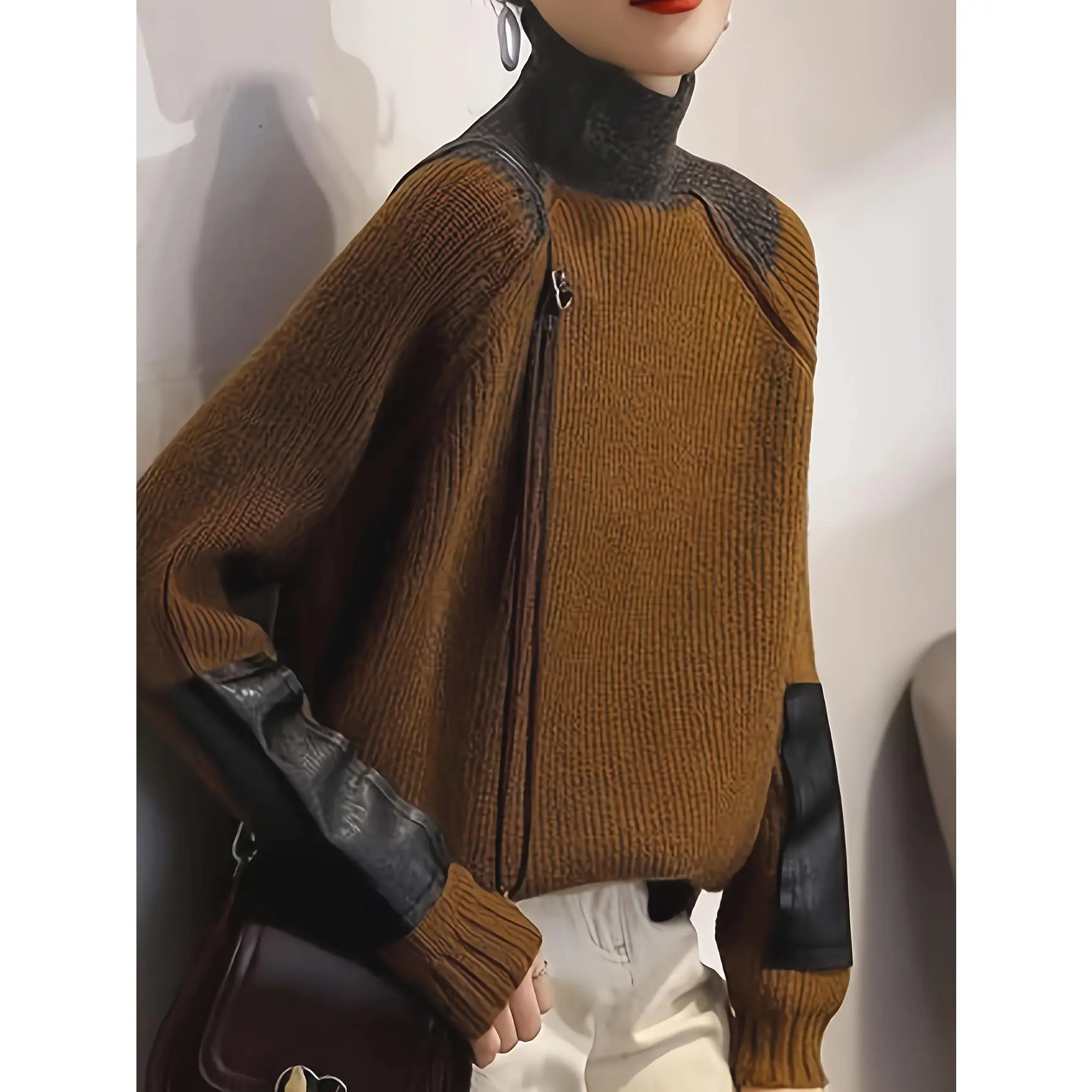 Women'S Color Block Heavy Micro-Elastic Turtleneck Sweater | Regular Fit, Long-Sleeved, Elegant Style, Solid Color, with Applique Details, for Fall/Winter