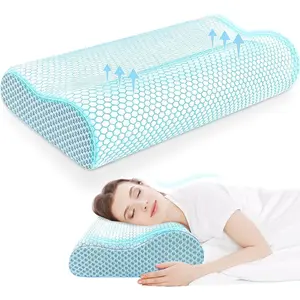 Neck Pillow for Sleeping, Ergonomic Cervical Neck Pillow for Neck Pain Relief, Memory Foam Pillow fit Neck Contour, Bed Pillow for Side Back Stomach Sleepers (Blue, Standard Size)