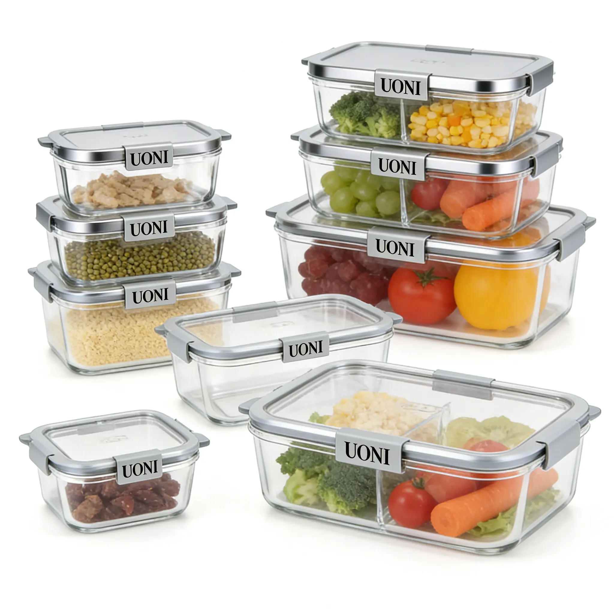 Glass Airtight Fridge Organizers and Food Storage Containers, Stackable Kitchen Fruit Holders with Removable Colanders