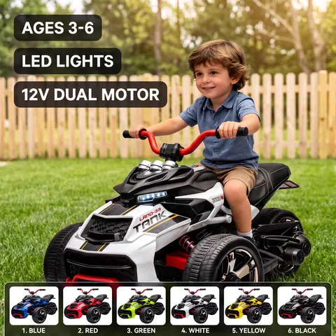 【Black Friday】GARVEE 12V Rechargeable Trike Bike Kid Tricycle Ride-On Car for Ages 3-7, Injecting Plastic Training Wheels, 2x55W Engines, 7AH Battery, 3-7 km/h Adjustable Speed Settings, Kickstand, LED Lights, Music, USB, Multiple Colors
