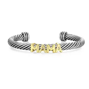 Aprilery Two-Tone Cable Cuff Jewelry – Letter Mom Mixed Metal Bangle Designer Bracelet Gifts for Your Mom