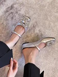 Women's Elegant Rhinestone Decorated Slip on Flats, Trendy Square Toe Flat Shoes, Fashionable Shoes for Daily Wear, Girl, Footwear, Rubber