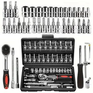 [Black Friday]46Pcs Tool Set, Car Repair Machinery Tools, Household Machinery Tools, Car and Bicycle Repair Tools, 1/2 * 1/4 "3/8" Drive Depth and Standard Socket, Ratchet Torque Wrench Screwdriver Socket Combination Tool,Gift for Dad