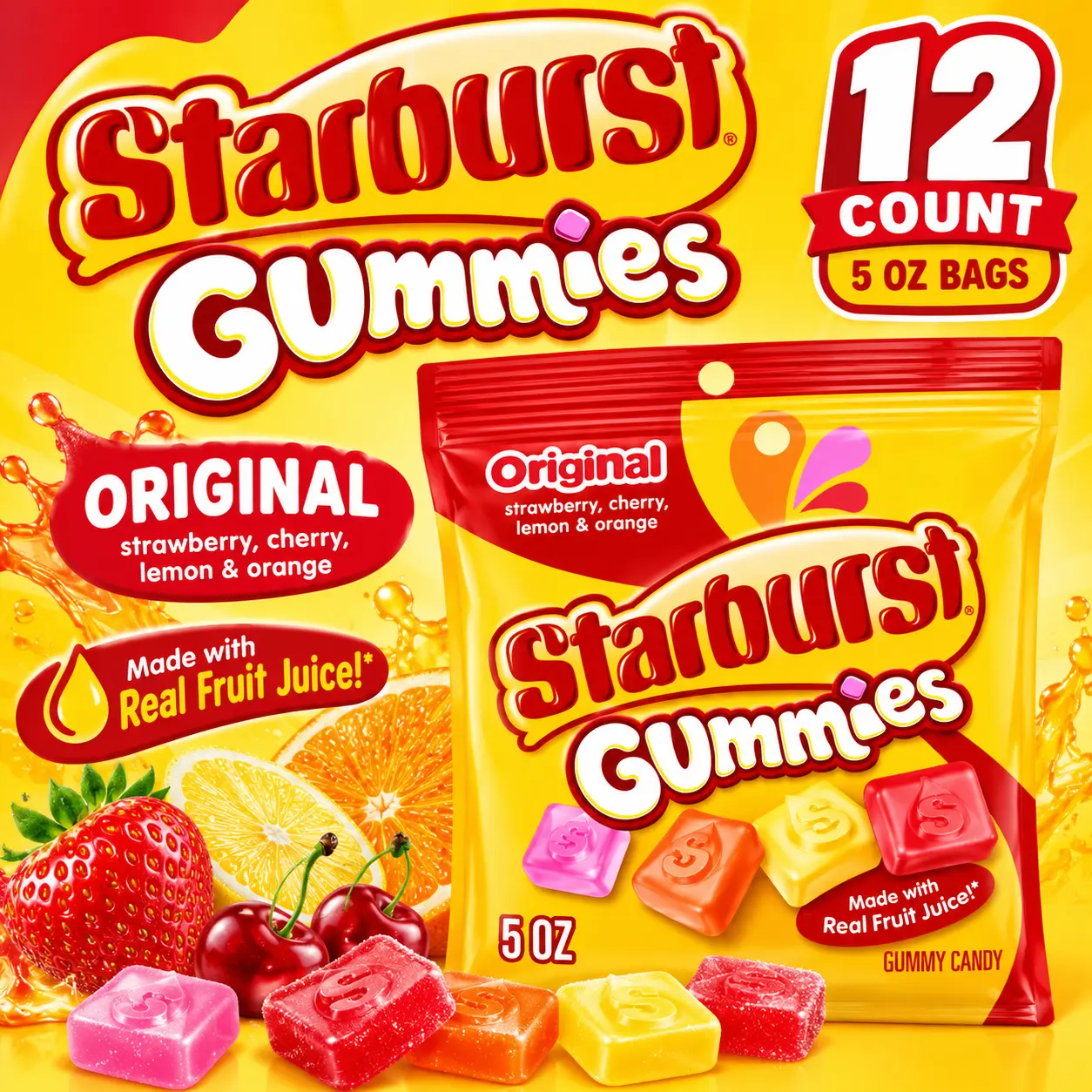 Starburst Gummies Original Fruit Candy 5 oz 12 Count  Soft & Chewy Assorted Fruit Gummies | Resealable Peg Bags for Snacking & Sharing