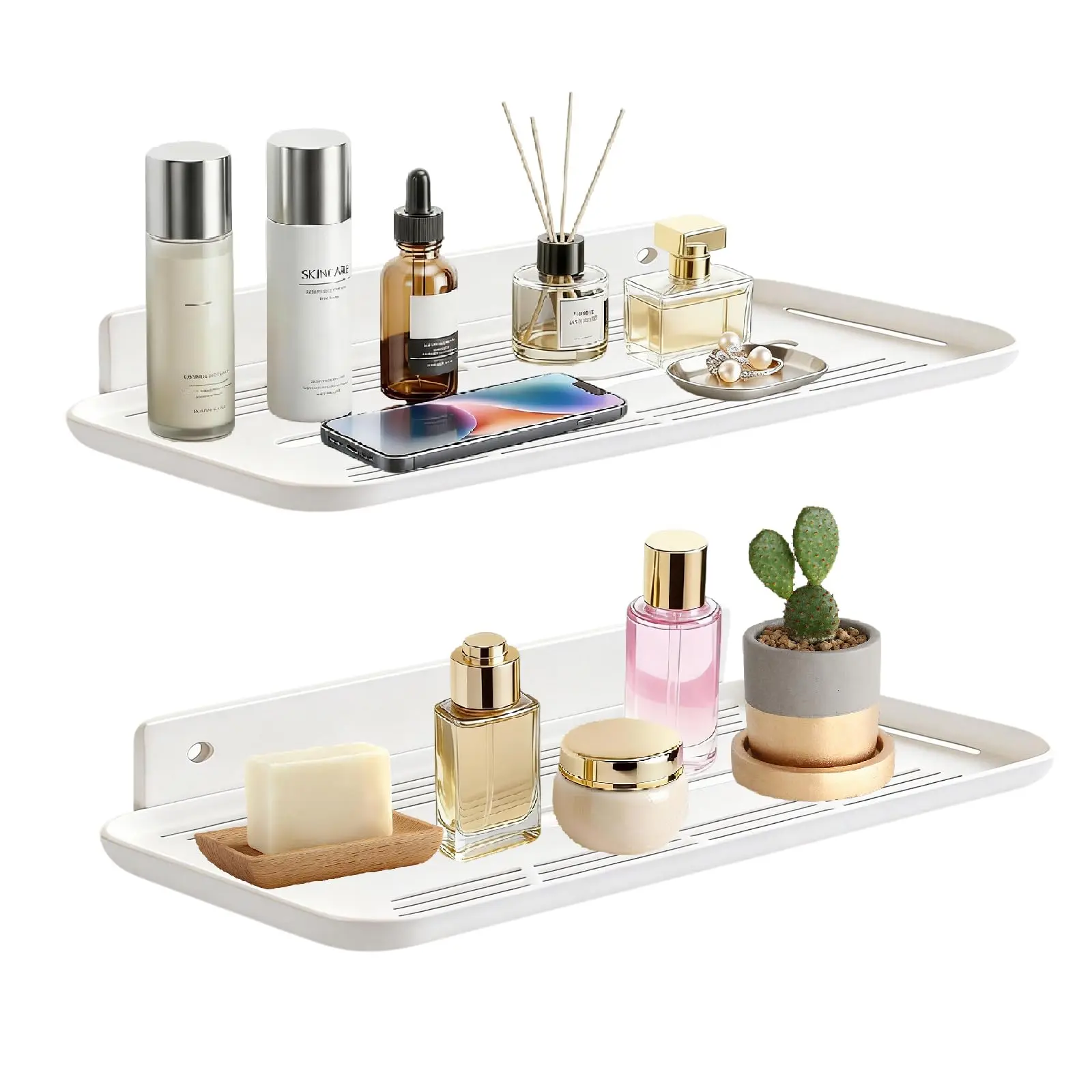 2-Piece White Adhesive Floating Shelves - No-Drill, Damage-Free Wall-Mounted Organizer for Bathroom, Kitchen Storage (Home Supplies, Home Decor)