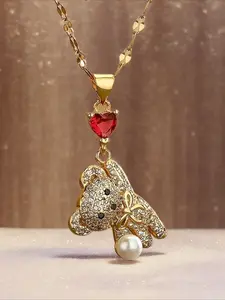 Cute Bear Pendant Necklace with Zircon Heart Charm, 18k Plated, Casual Style, Suitable for All Seasons, Daily Wear & Parties