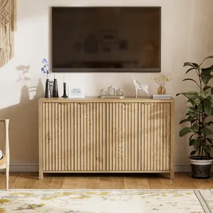 55.5 Inch Storage Cabinet with Power Outlet, SFluted Buffet Sideboard, 4 Doors, Adjustable Shelves, Modern Design Furniture Minimal Aesthetic Wood
