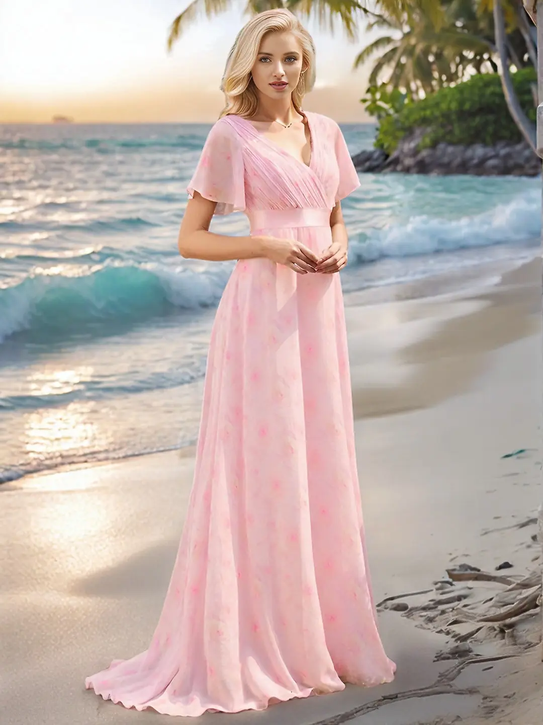 Ever-Pretty  Flowy Chiffon Maxi Dress with V-Neck ,Boho Silk Maxi Beach Dress,Floral Halter Backless Maxi Dress,summer dress outfit,Cocktail Dress,Casual Dresss, Polyester, Women