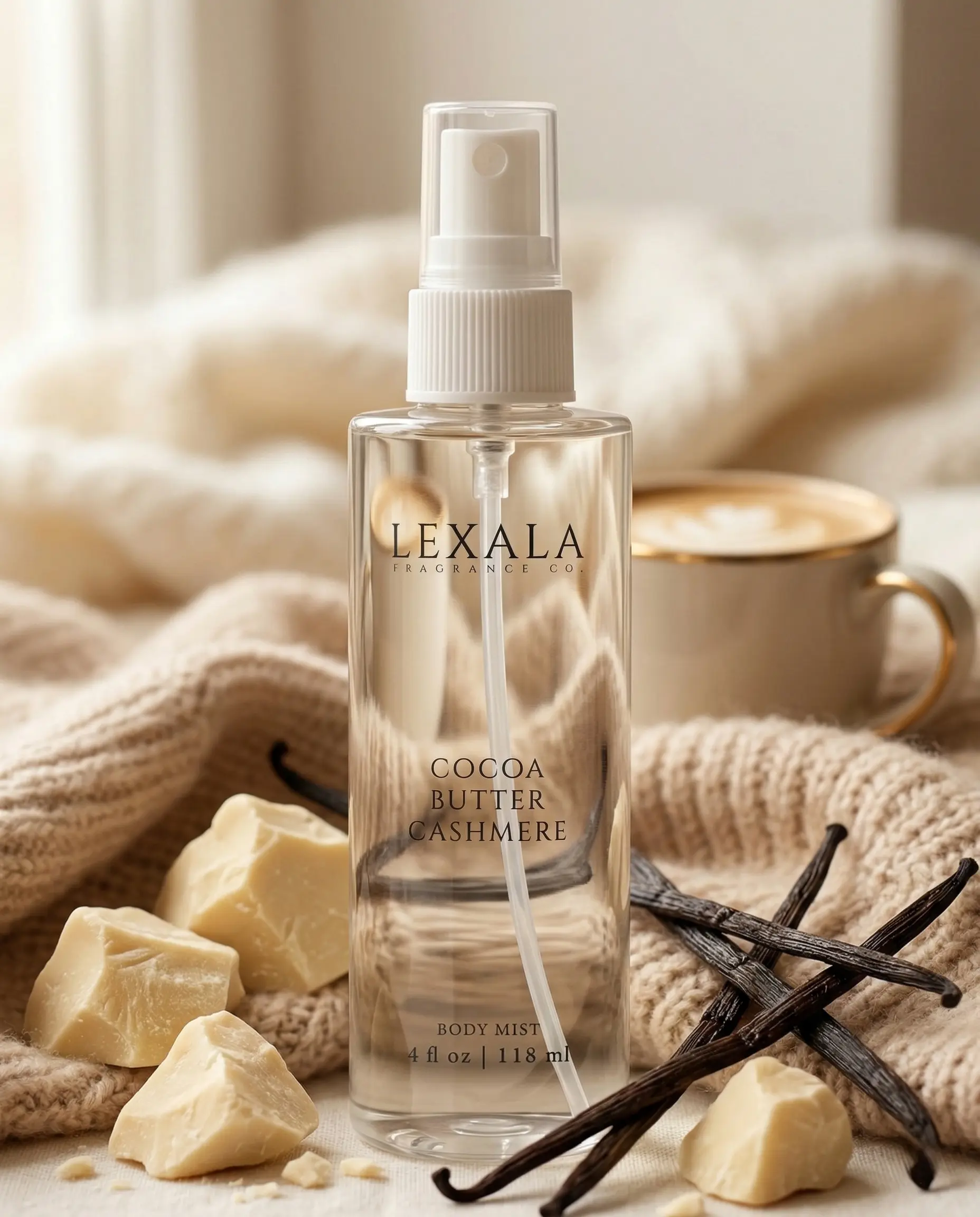 Cocoa Butter Cashmere Body Mist – Warm Gourmand Woody Scent – Vanilla - Tonka - Sandalwood – 4 oz