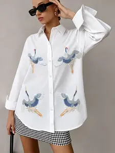 ASANDY Women’s White Button-Down Shirt – Crane Embroidered Long-Sleeve Blouse, Elegant Oriental-Style Top