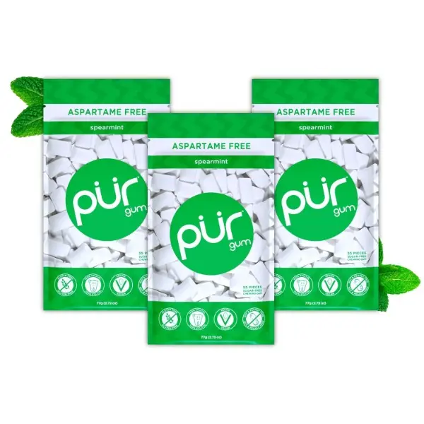 Healthy Snacks Aspartame-Free Chewing Gum - 100% Xylitol, Natural Spearmint Flavor, 55 Pieces per Pack (Pack of 3), Sugar Free, Halal, Bag, Tablet