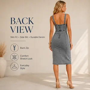 Women’s Denim Midi Dress, U-Neck Sleeveless Bodycon Jean Dress with Front Half Zip & Side Slit, Durable Casual Everyday Dress for TikTok US Fashion