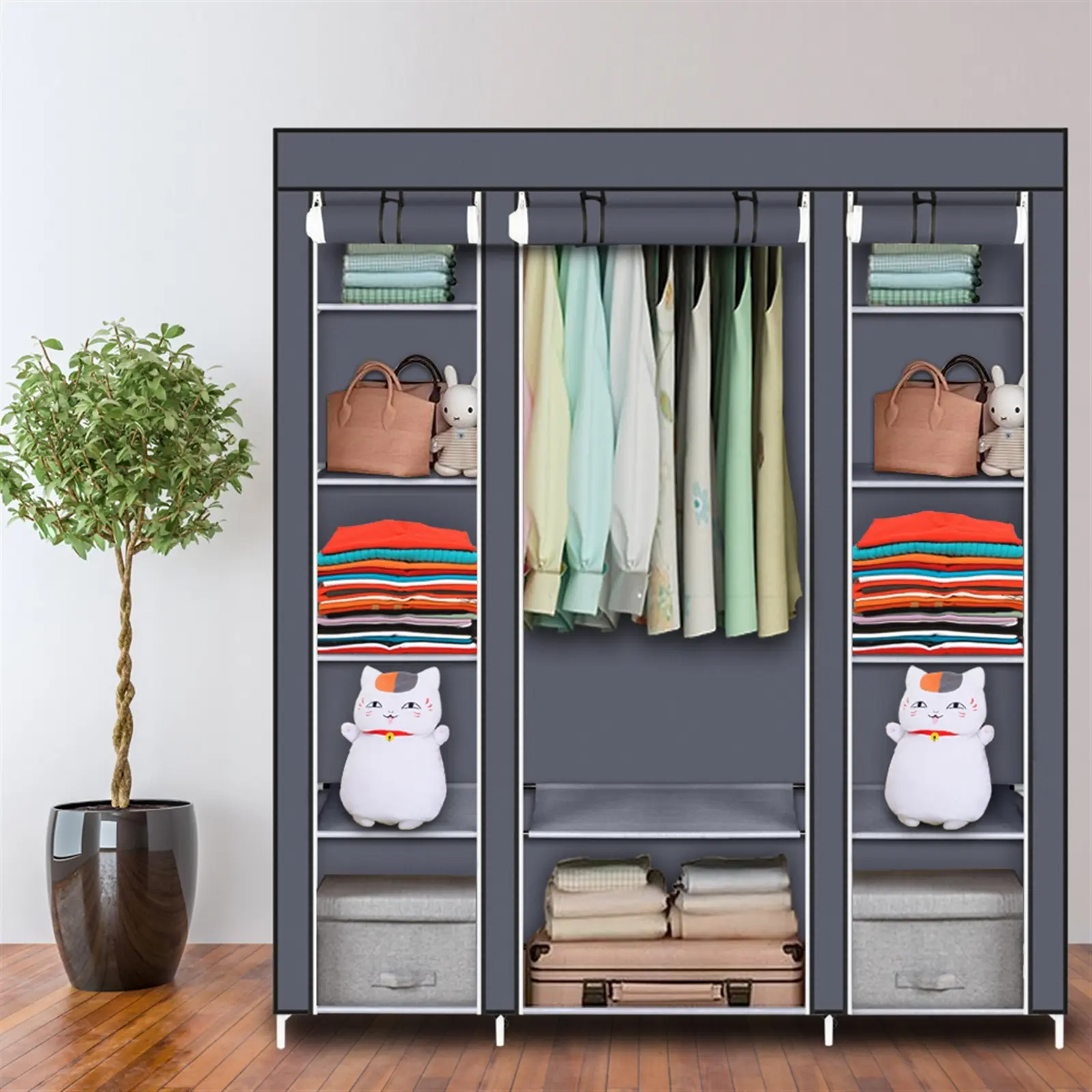 Portable Steel Armoire Wardrobe Closet - Easy-to-Assemble High Freestanding Wardrobe, Extra-Strong Durable Closet Organizer System with Dustproof Cover and Moveable Rod for Bedroom
