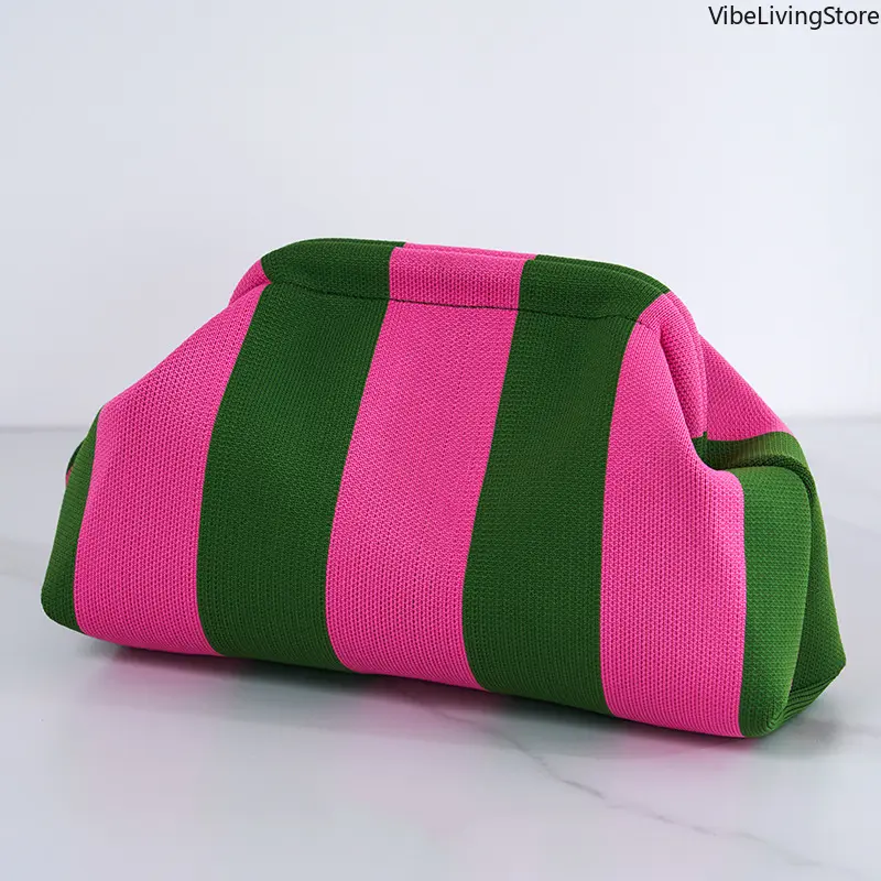 Striped Woven Clutch Bag for Women, Ruched Dumpling Design, Soft Knitted Polyester, Lightweight Casual Everyday Purse, Casual Purse, Woven Purses