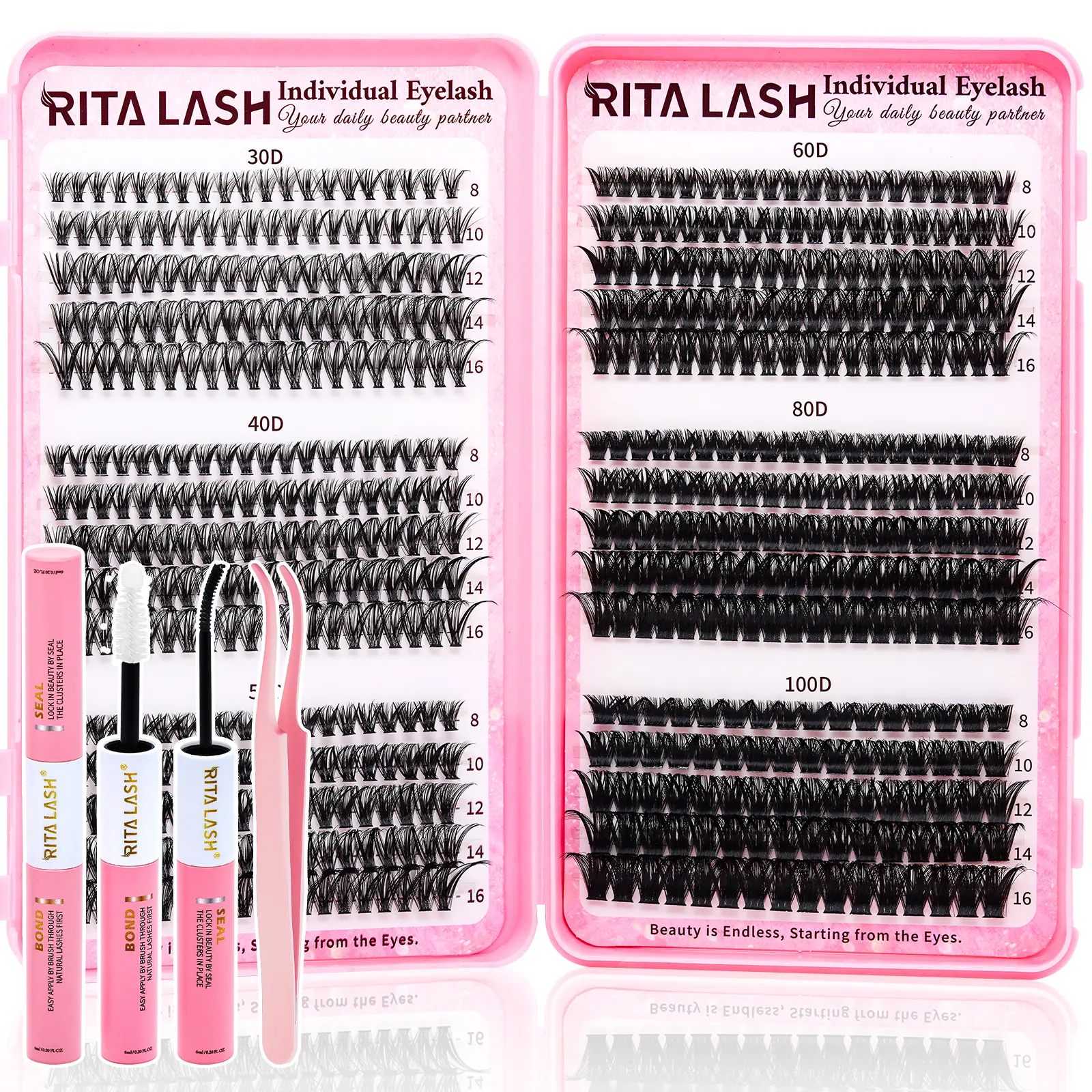 RITALASH 580Pcs Lash Clusters Kit with Bond&Seal 6 Styles Clusters Lashes Extension Volume Soft Eyelash Extension Kit 30D40D50D60D80D100D D Curl Wispy Natural DIY Individual Lash Clusters Kit for Beginners