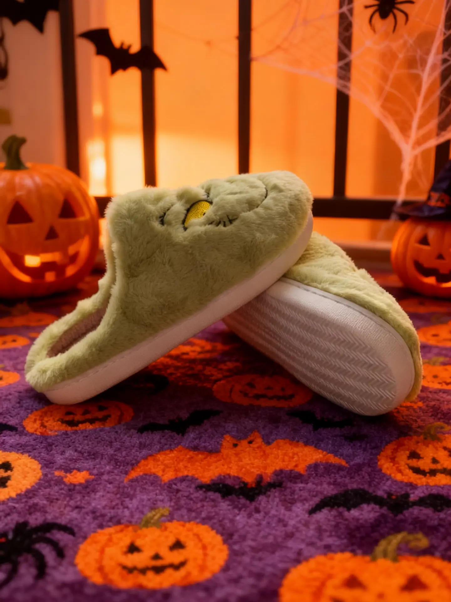 Women's Christmas Cartoon Print Fuzzy Fashion Slippers - Winter Warm Indoor Home Slippers, Green Haired Monster Pull-On Slip, Non-Slip Breathable Flex Cotton Shoes, New Year Gift, Rubber Upper, House Shoes, Party, Slippers For Women