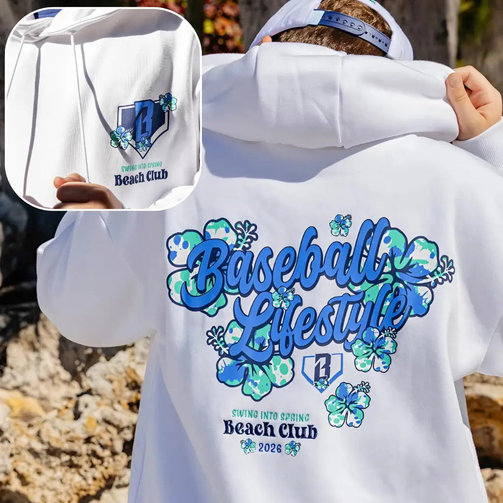 2 Sided Youth & Adult Hoodie Baseball Lifestyle Graphic Hoodie, Swing Into Spring Beach Club Hoodie, Baseball Fan Spring Season Outfit