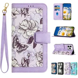 Floral & Butterfly Pattern Phone Case Protector with Card Slot & Wrist Strap, Shockproof Phone Protective Cover, Phone Accessories for iPhone 16 15 14Plus 13 12 11 Pro Max, Casing, Flowers