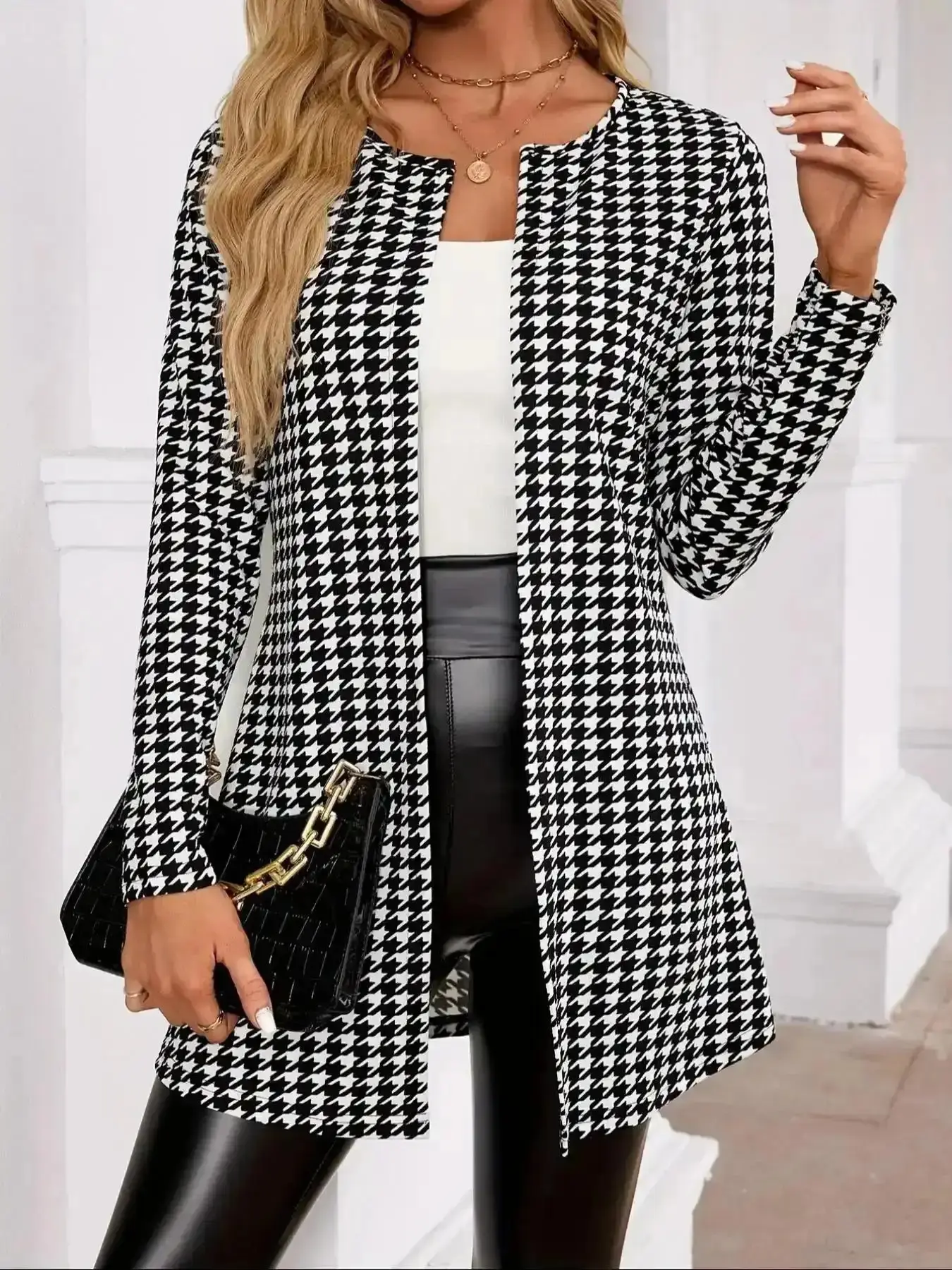 2026 Women's Houndstooth Print Long Sleeve Open Front Jacket, Casual Elegant Outerwear for Spring & Fall, Ladies Clothes for Daily Wear, Womenswear, puffer jacket, puffer coat, field jacket, cropped jacket