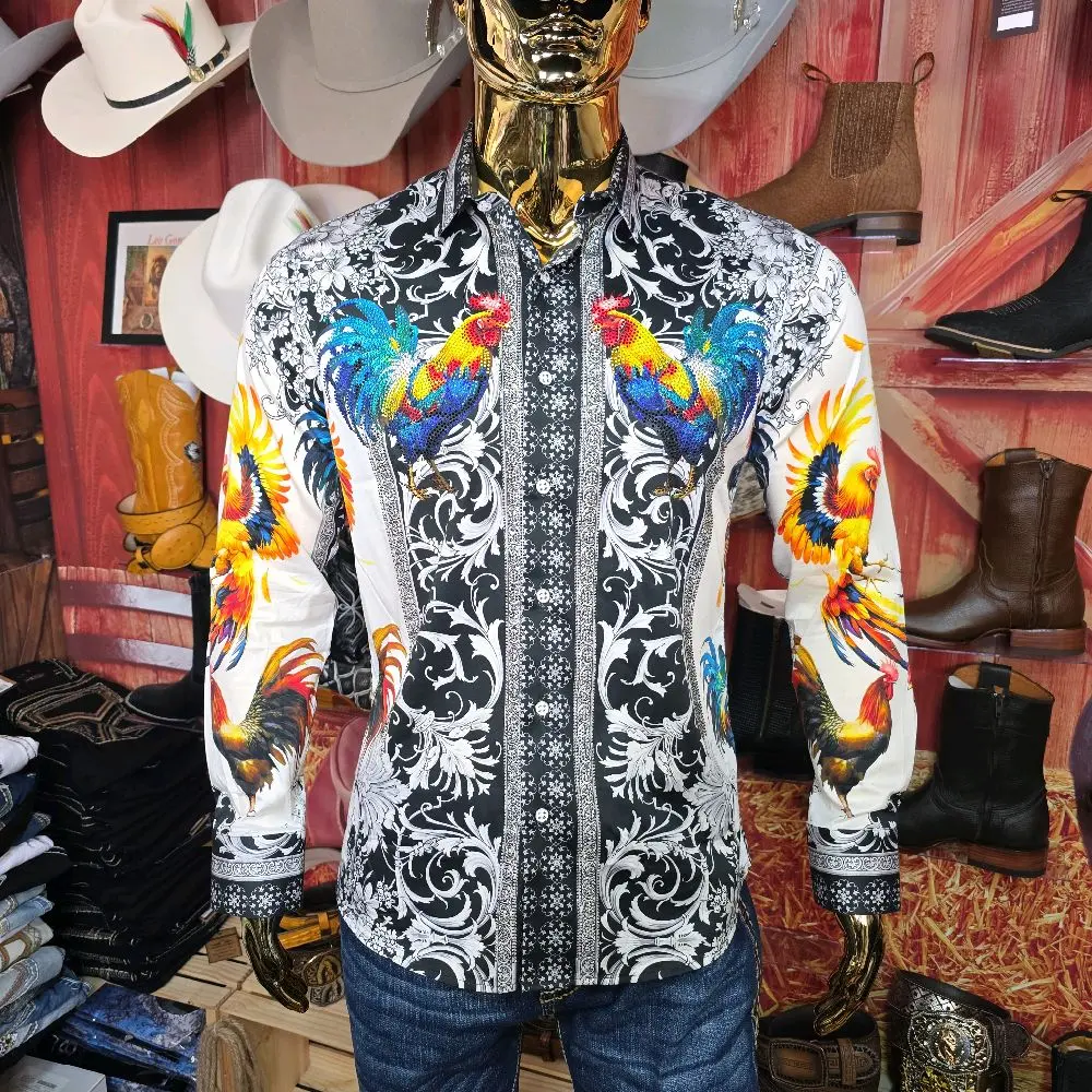Barabas Men's Shiny Rooster Print Shirt - Vibrant Cock Design, Stylish & Trendy, Perfect for Casual Wear Top