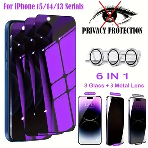 6-In-1 [3pcs Anti Blue Ray Privacy Protection Glass + 3pcs Camera Lens] 9H Anti Peep Tempered Glass For IPhone 15/14/13 Pro Max/14/15 Plus/15 Pro/14 Pro/13 Pro Screen Protector Film, Phone Screen Protectors