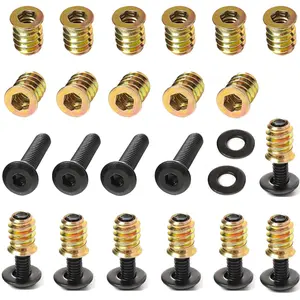 30-Set 1/4-20 Threaded Insert and Bolt for Wood Furniture Screw Nut 3/5" with Black Oxide Flat Head Bolts 1" and Washers