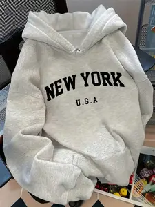 Women's Usa New York Print Loose Hoodie with Kangaroo Pocket, Drawstring Drop Shoulder Ribbed Sleeves, Casual Fashion Pullover for All Seasons Graphic Sweatshirts