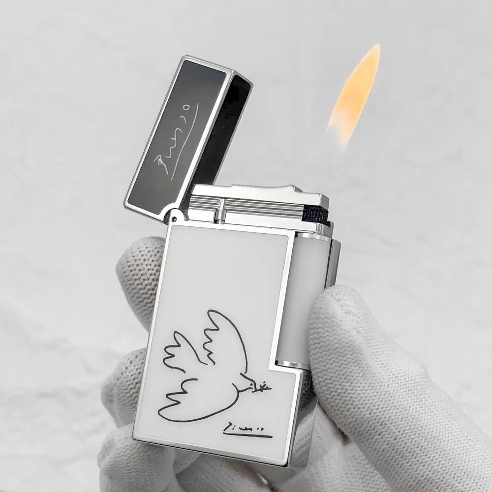 DPT Platinum White Silver Peace Dove Picasso Luxury lighter (NO FUEL) Refillable Perfect gifts bf Black Lacquered Cap Durable