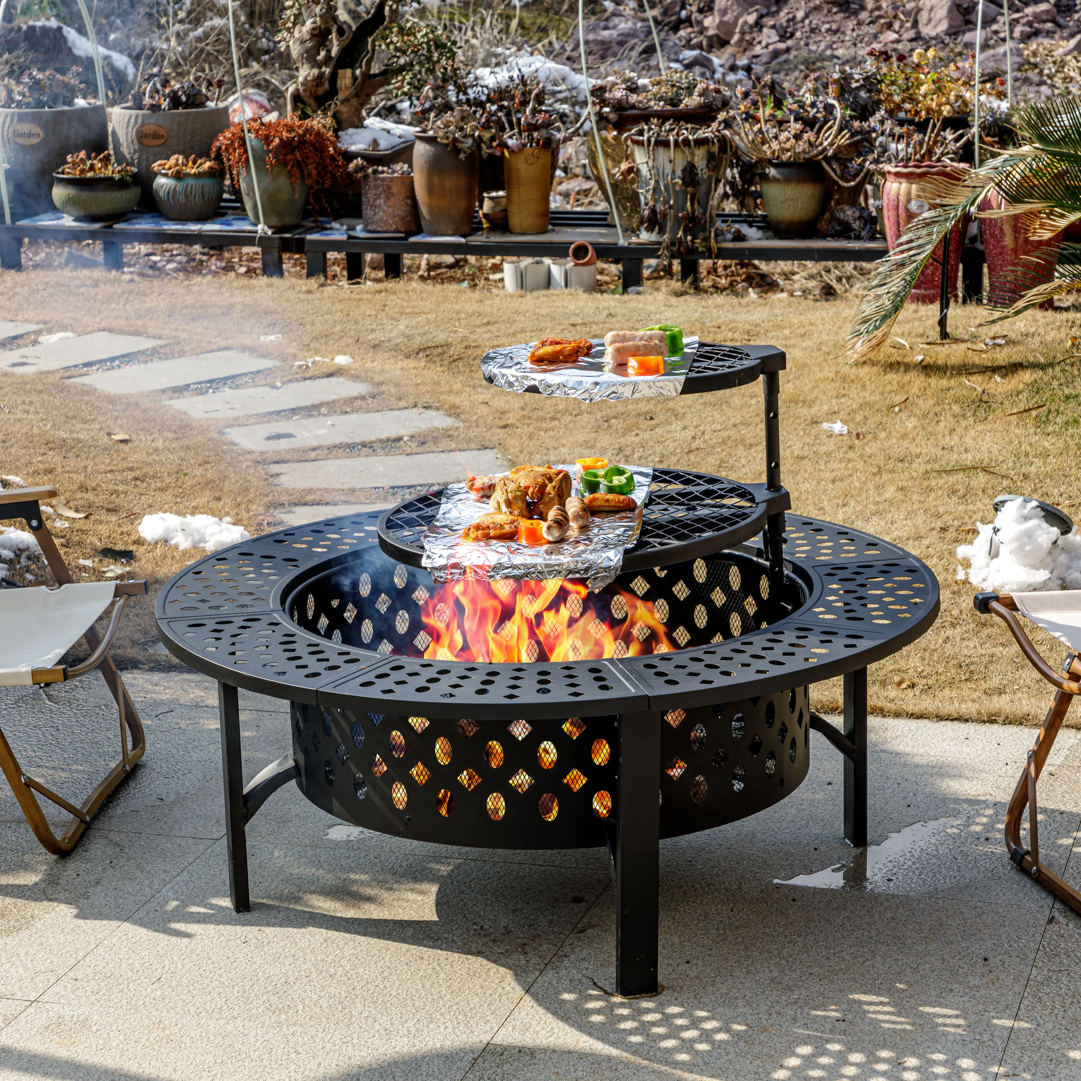 Outvue 42 Inch Fire Pit with 2 Grills, Extra Large Wood Burning Fire Pits for Outside with Lid & Poker, Heavy Duty Firepit,BBQ& Outdoor Fire Pit & Round Metal Table 3 in 1 for Patio, Picnic, Party